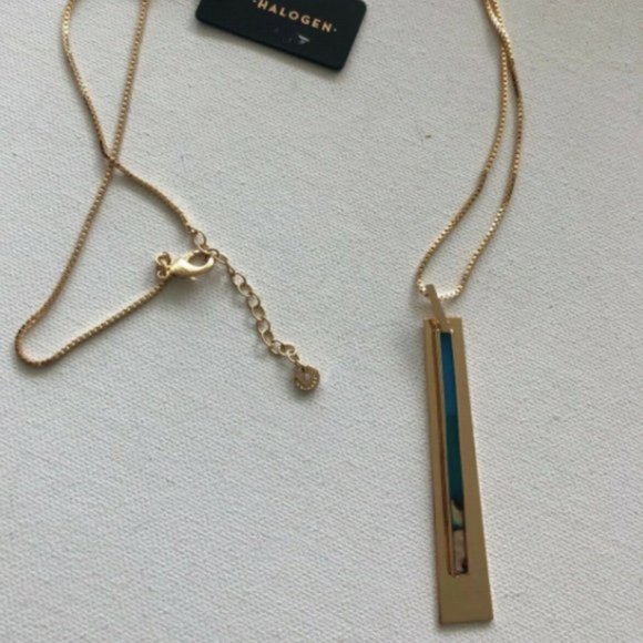 Halogen Resin Inlay Long Pendant Necklace Teal Blue Turquoise - Picture 6 of 16